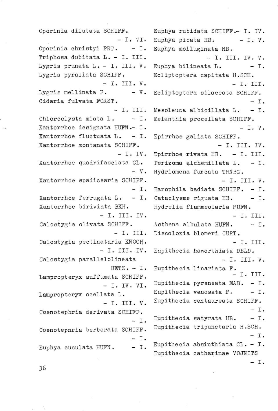 - V Xantorrhoe apadicearia SCHIPP Xantorrhoe ferrugata L. Xantorrhoe biriviata BKH.. III. IV Calostygia olivata SCHIPP.. Ill Calostygia pectinataria KNOCH. III. IV Caloatygia parallelolineata RETZ.