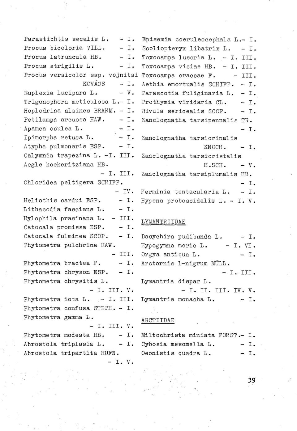 V. Heliothis cardui ESP.. Lithacodla fasciana L.. Hylophila prasinana L. II. Catocala promiasa ESP.. Catocala fulminea SCOP.. Phytometra pulchrina HAW. II. Phytometra bractea F.