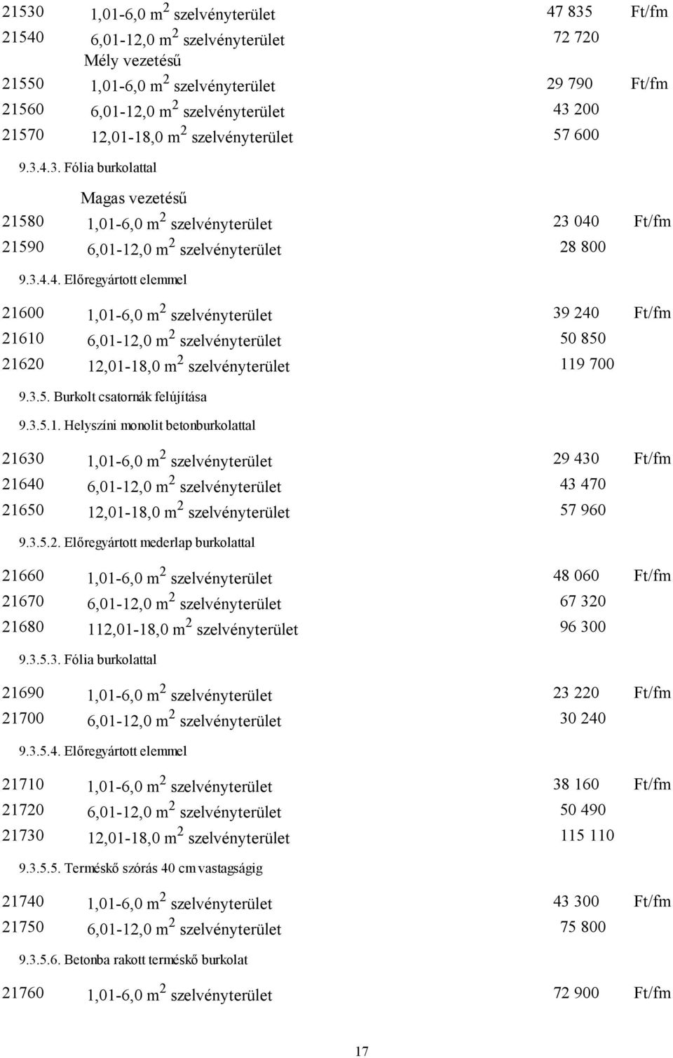 3. Fólia burkolattal Magas vezetésű 21580 1,01-6,0 m 2 szelvényterület 23 040