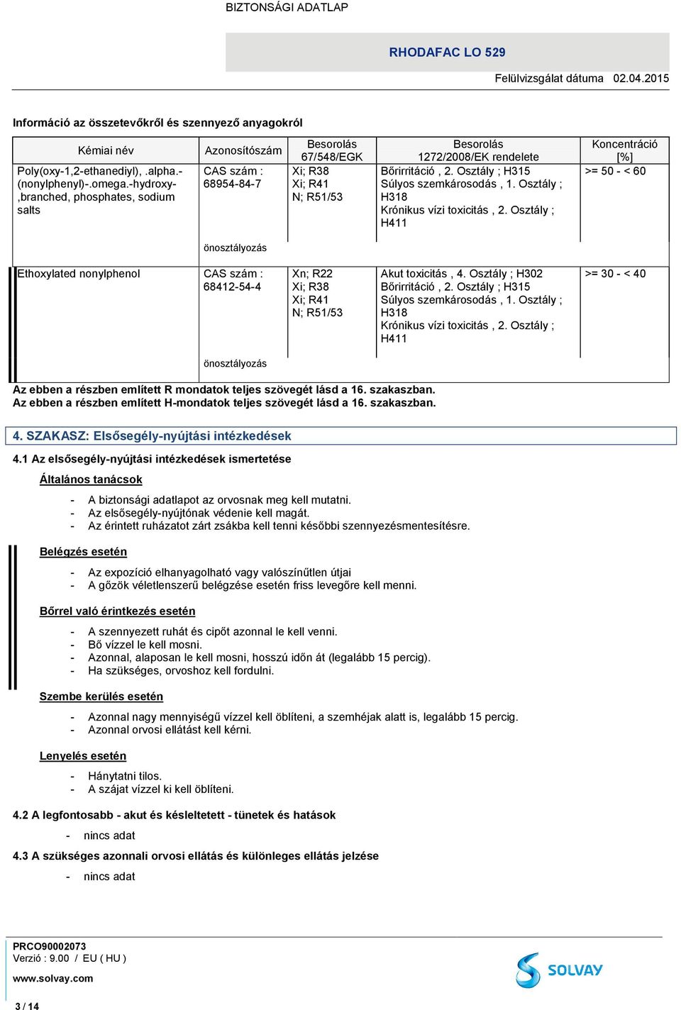 Osztály ; H315 Súlyos szemkárosodás, 1. Osztály ; H318 Krónikus vízi toxicitás, 2.