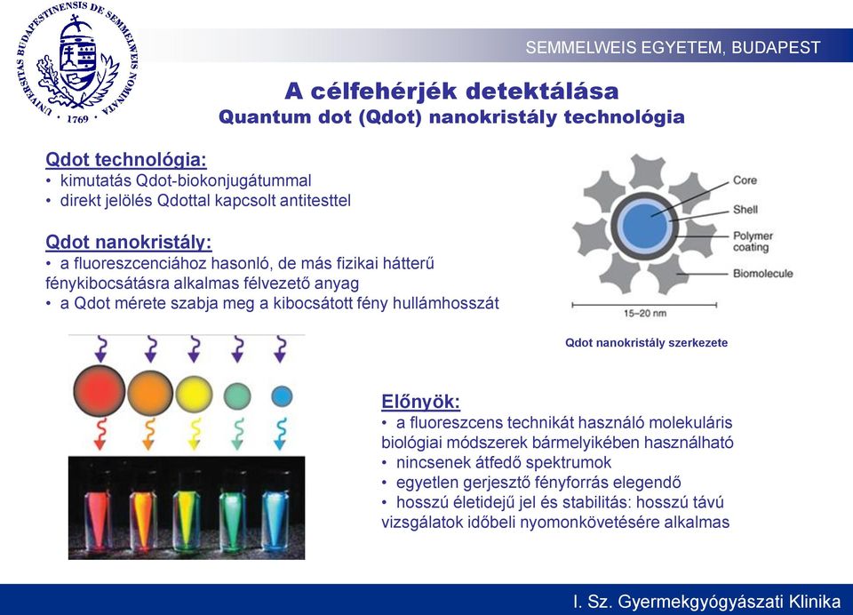 kibocsátott fény hullámhosszát Qdot nanokristály szerkezete Előnyök: a fluoreszcens technikát használó molekuláris biológiai módszerek bármelyikében