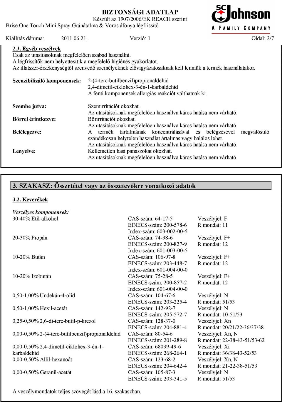 Szenzibilizáló komponensek: 2-(4-terc-butilbenzil)propionaldehid 2,4-dimetil-ciklohex-3-én-1-karbaldehid A fenti komponensek allergiás reakciót válthatnak ki. Szembe jutva: Szemirritációt okozhat.