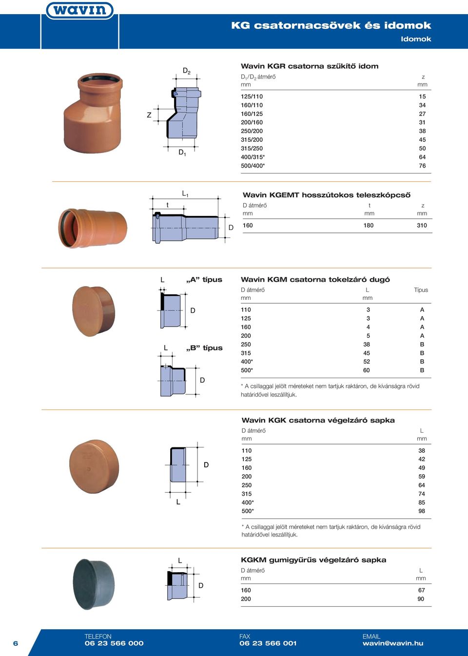 Típus 110 3 A 125 3 A 160 4 A 200 5 A 250 38 B 315 45 B 400* 52 B 500* 60 B Wavin KGK csatorna végelzáró sapka 110 38 125 42 160 49
