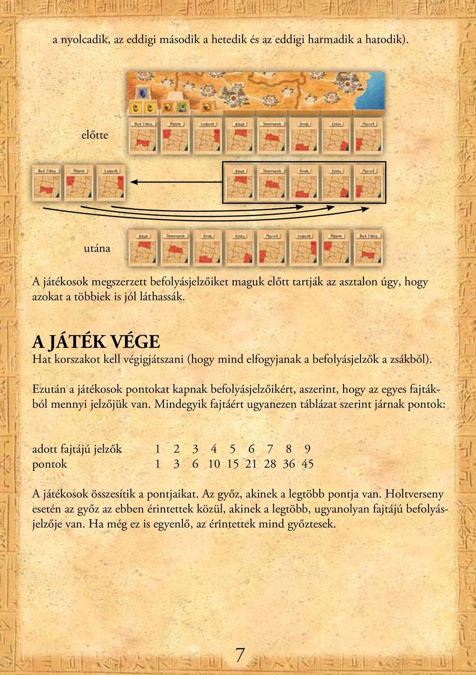 A JÁTÉK VÉGE Hat korszakot kell végigjátszani (hogy mind elfogyjanak a befolyásjelzők a zsákból).