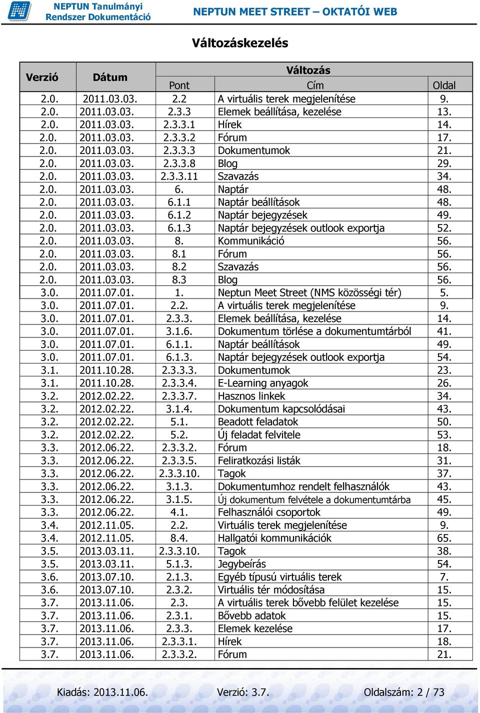 2.0. 2011.03.03. 6.1.2 Naptár bejegyzések 49. 2.0. 2011.03.03. 6.1.3 Naptár bejegyzések outlook exportja 52. 2.0. 2011.03.03. 8. Kommunikáció 56. 2.0. 2011.03.03. 8.1 Fórum 56. 2.0. 2011.03.03. 8.2 Szavazás 56.