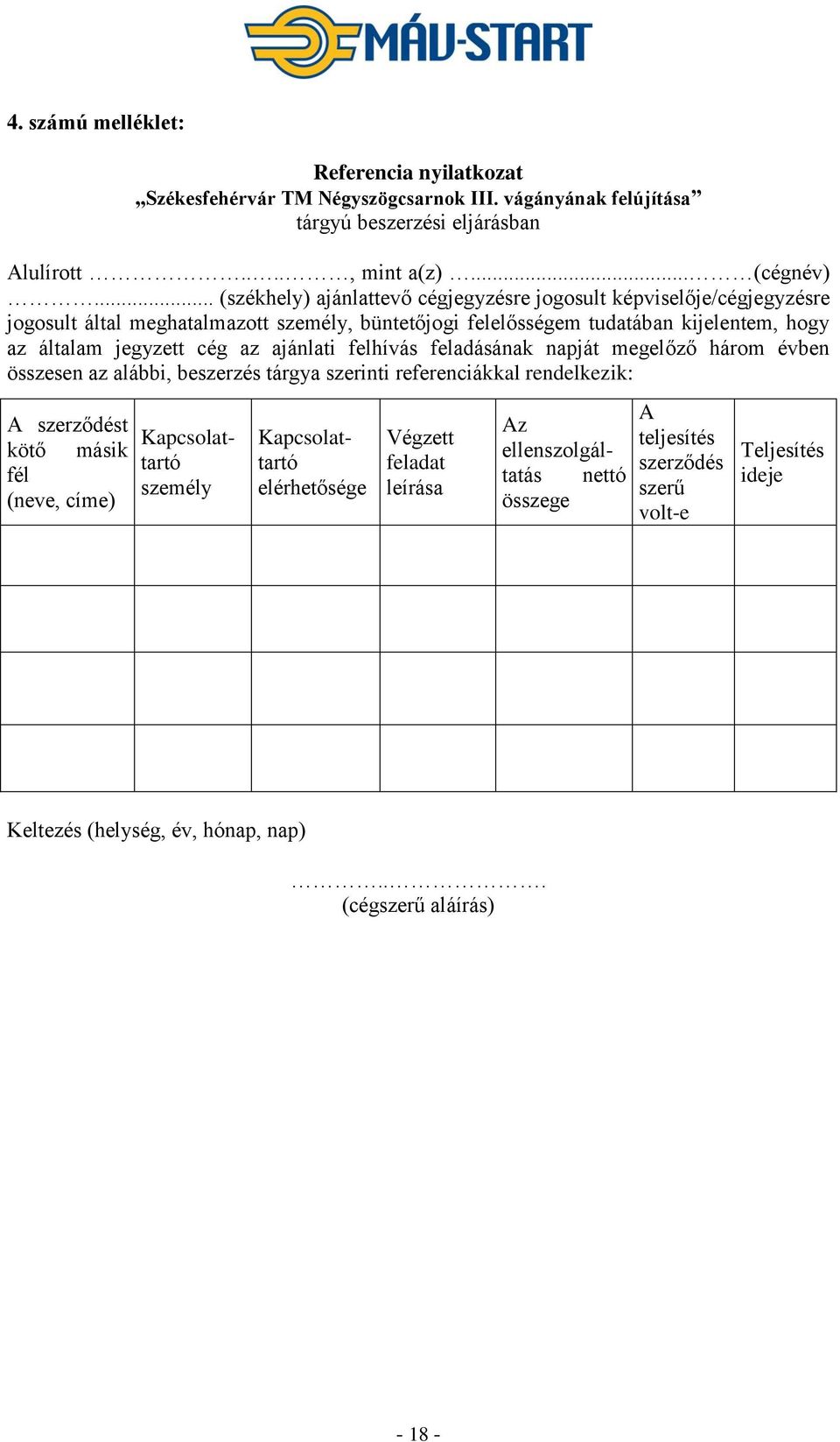az ajánlati felhívás feladásának napját megelőző három évben összesen az alábbi, beszerzés tárgya szerinti referenciákkal rendelkezik: A szerződést kötő másik fél (neve, címe)