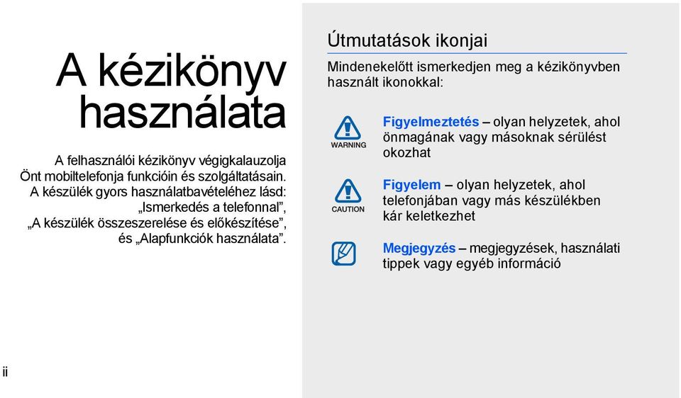 Útmutatások ikonjai Mindenekelőtt ismerkedjen meg a kézikönyvben használt ikonokkal: Figyelmeztetés olyan helyzetek, ahol önmagának vagy