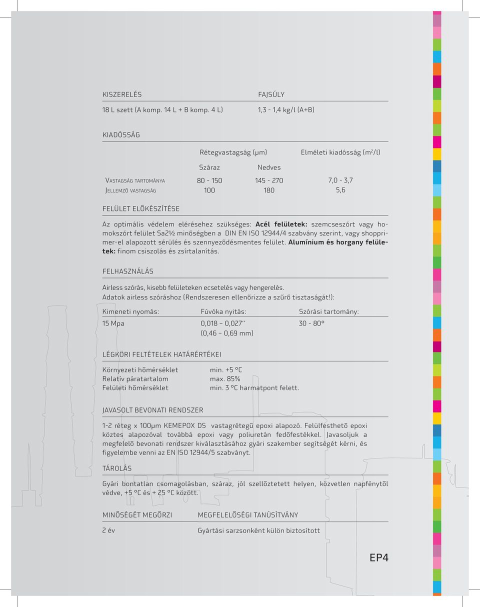 optimális védelem elérésehez szükséges: Acél felületek: szemcseszórt vagy homokszórt felület Sa2½ minőségben a DIN EN ISO 12944/4 szabvány szerint, vagy shopprimer-el alapozott sérülés és