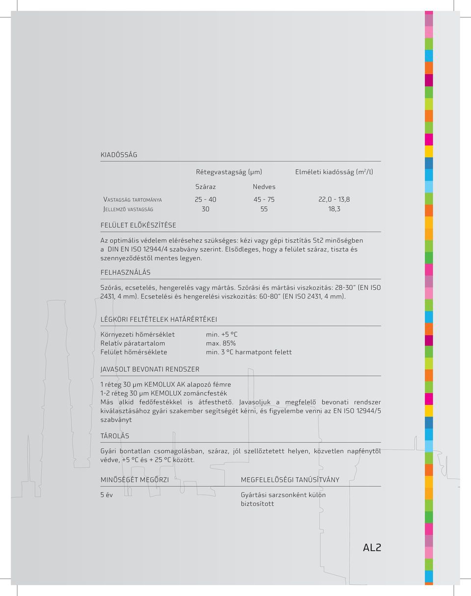 Felhasználás Szórás, ecsetelés, hengerelés vagy mártás. Szórási és mártási viszkozitás: 28-30 (EN ISO 2431, 4 mm). Ecsetelési és hengerelési viszkozitás: 60-80 (EN ISO 2431, 4 mm).