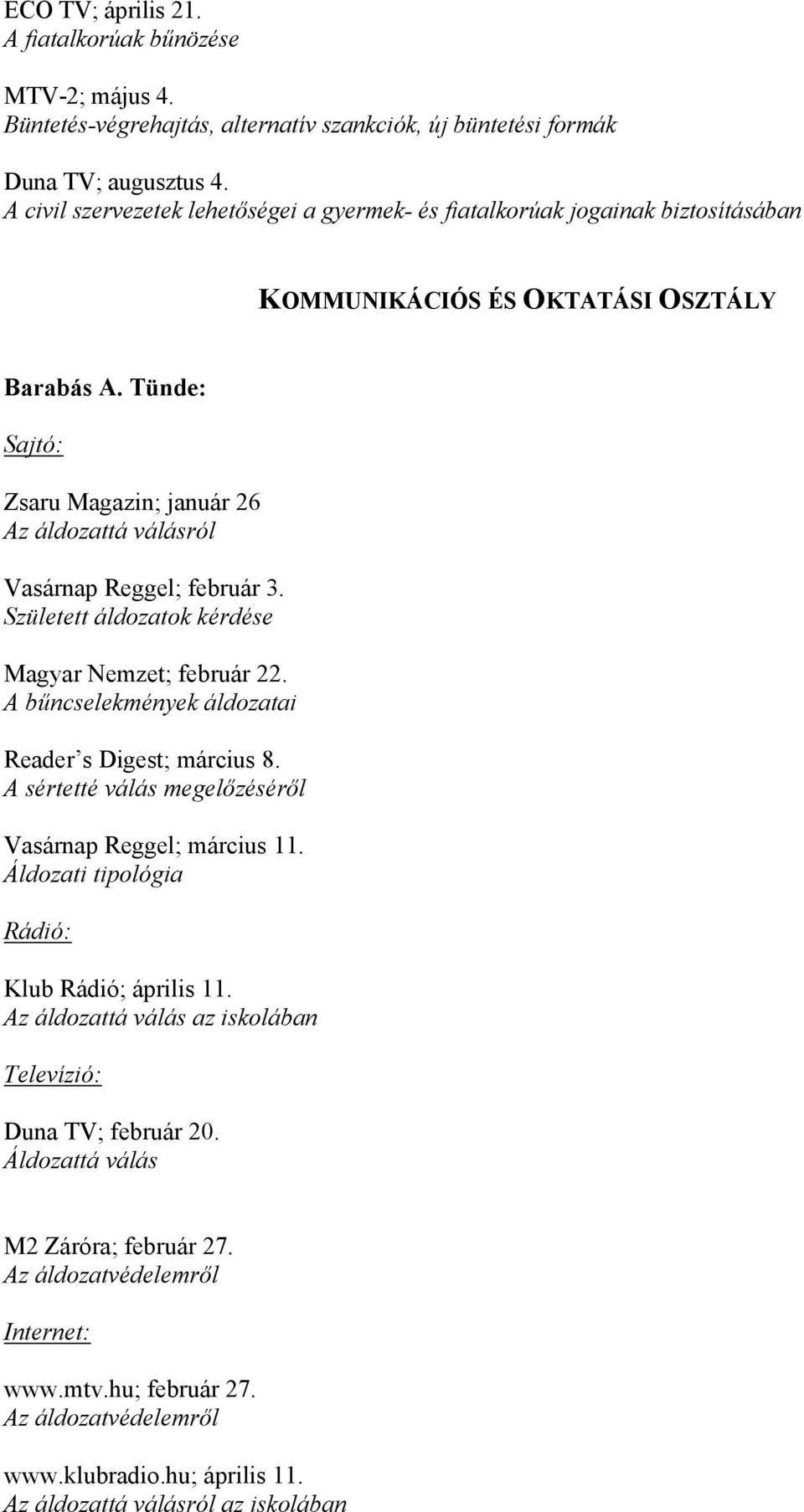 Tünde: Zsaru Magazin; január 26 Az áldozattá válásról Vasárnap Reggel; február 3. Született áldozatok kérdése Magyar Nemzet; február 22. A bűncselekmények áldozatai Reader s Digest; március 8.
