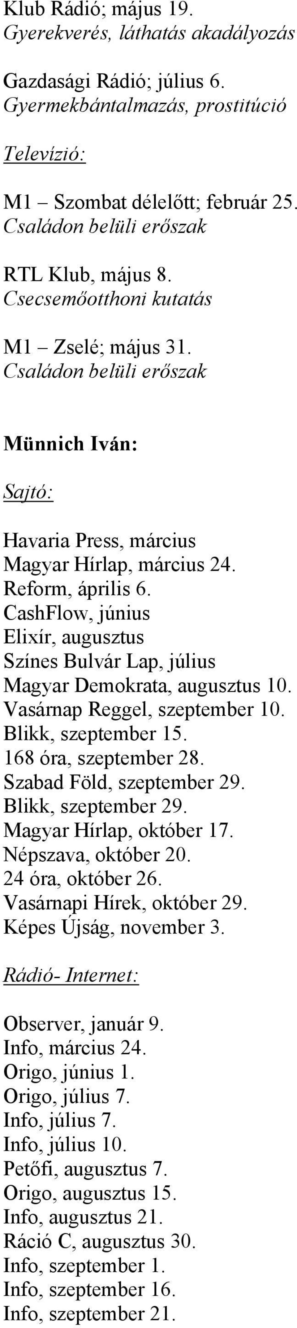 CashFlow, június Elixír, augusztus Színes Bulvár Lap, július Magyar Demokrata, augusztus 10. Vasárnap Reggel, szeptember 10. Blikk, szeptember 15. 168 óra, szeptember 28. Szabad Föld, szeptember 29.