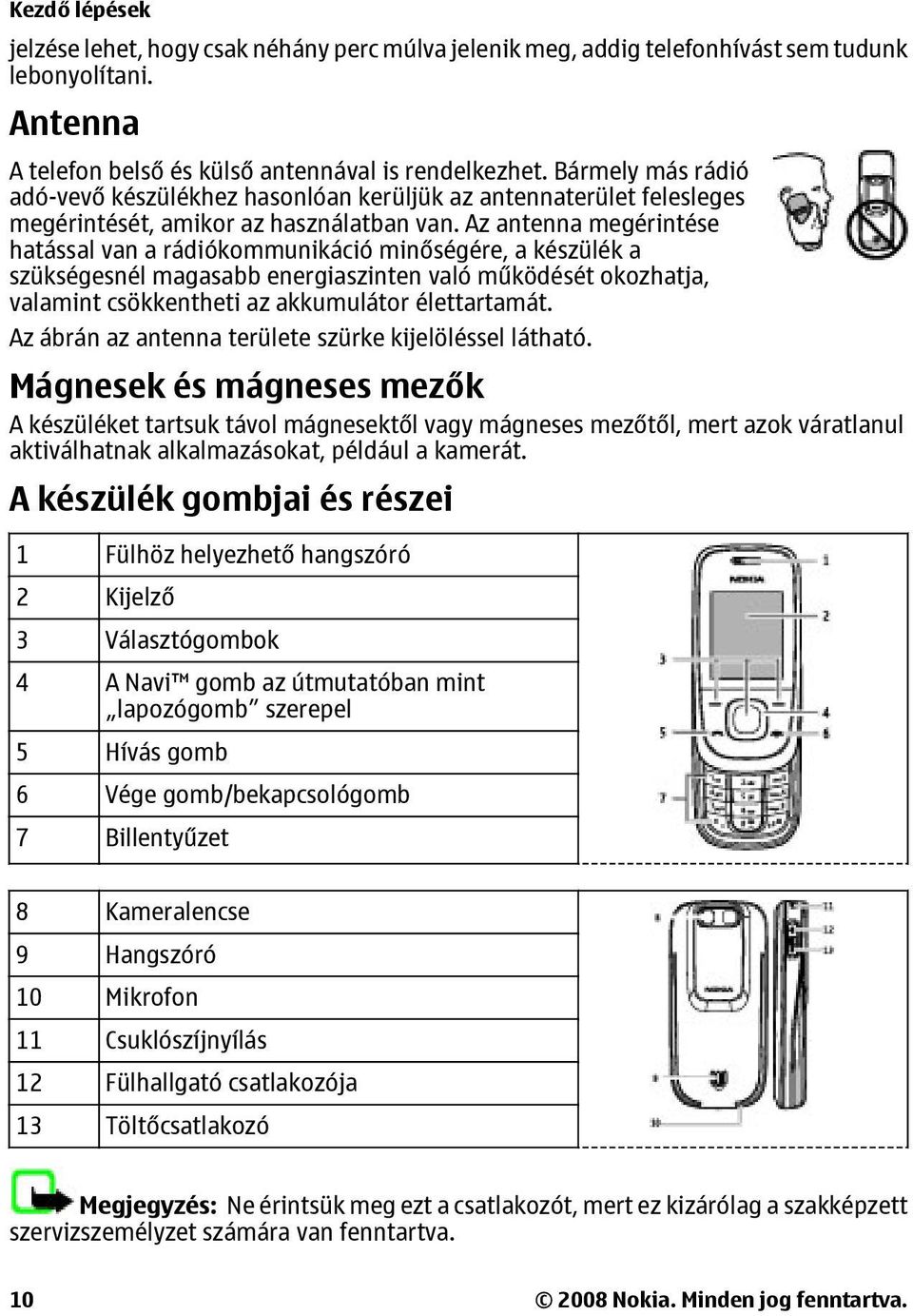 Az antenna megérintése hatással van a rádiókommunikáció minőségére, a készülék a szükségesnél magasabb energiaszinten való működését okozhatja, valamint csökkentheti az akkumulátor élettartamát.
