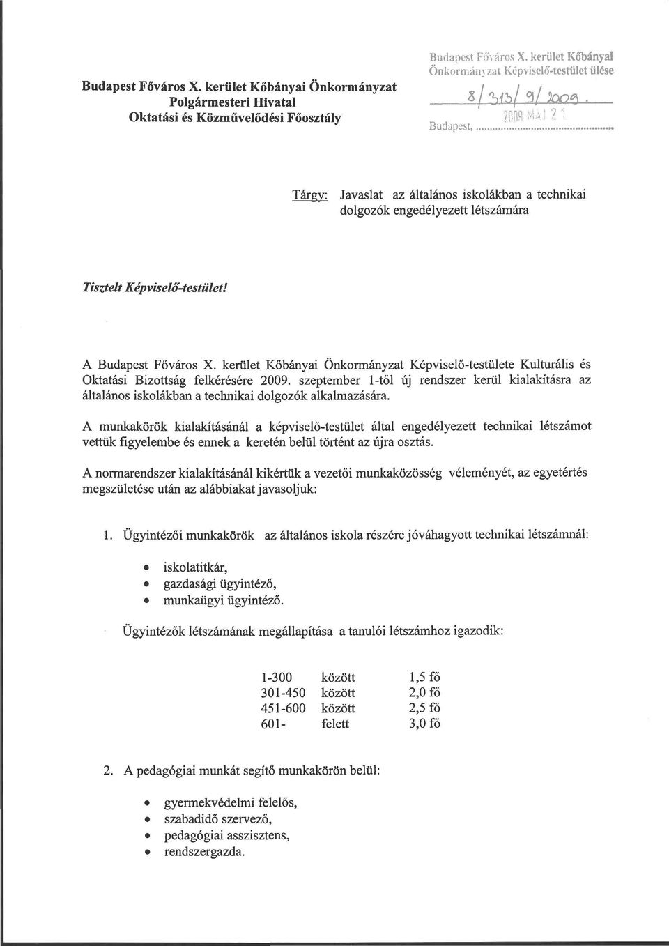 engedélyezett létszámára Tisztelt Képviselő-testület! A Budapest Főváros X. kerület Kőbányai Önkormányzat Képviselő-testülete Kulturális és Oktatási Bizottság felkérésére 2009.