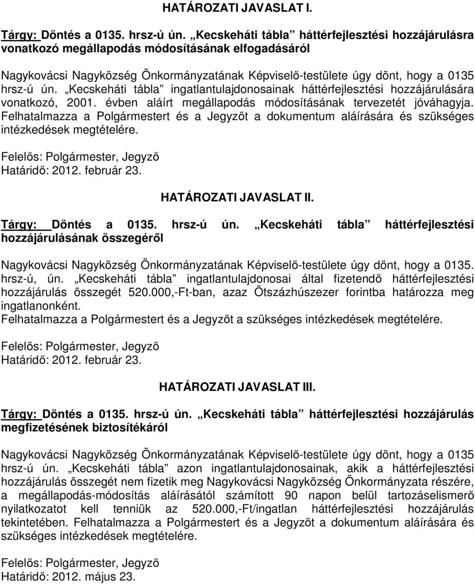 Kecskeháti tábla ingatlantulajdonosainak háttérfejlesztési hozzájárulására vonatkozó, 2001. évben aláírt megállapodás módosításának tervezetét jóváhagyja.