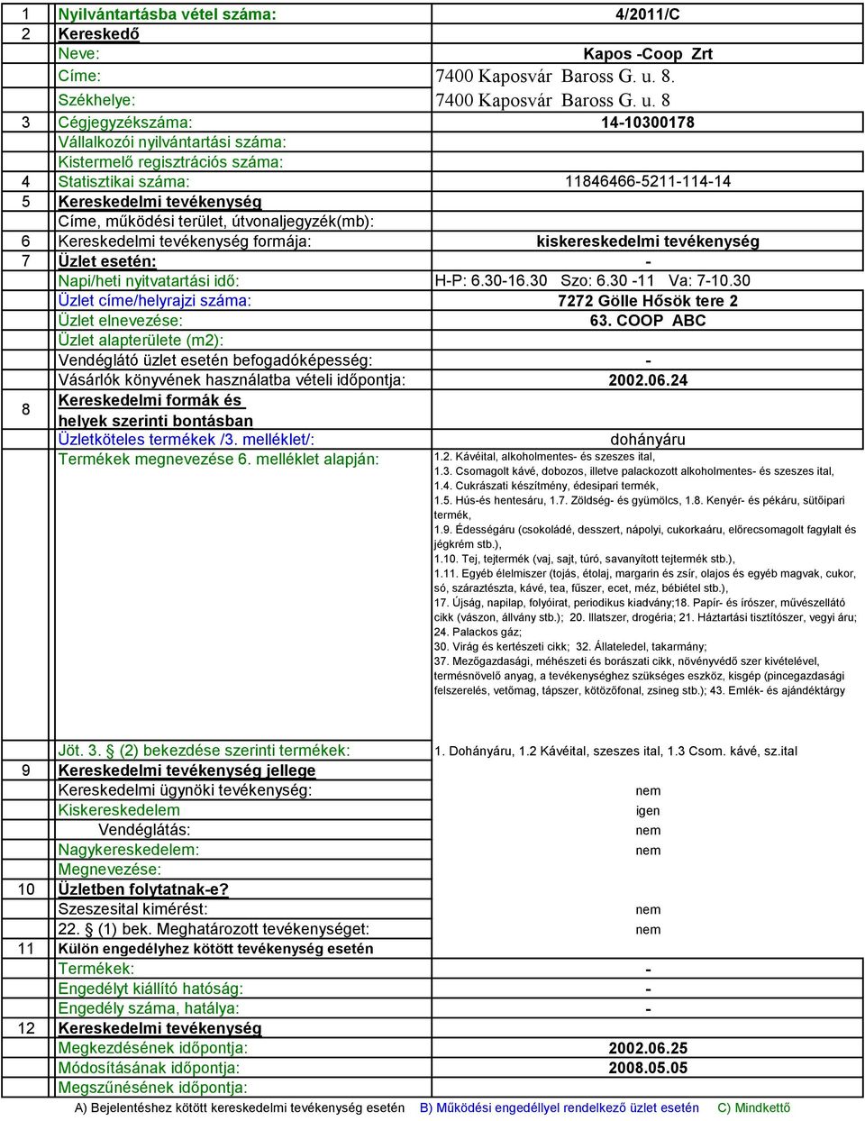 COOP ABC Üzlet alapterülete (m2): Vendéglátó üzlet esetén befogadóképesség: Vásárlók könyvének használatba vételi időpontja: 2002.06.24 Üzletköteles termékek /3. melléklet/: dohányáru 1.2. Kávéital, alkoholmentes és szeszes ital, 1.