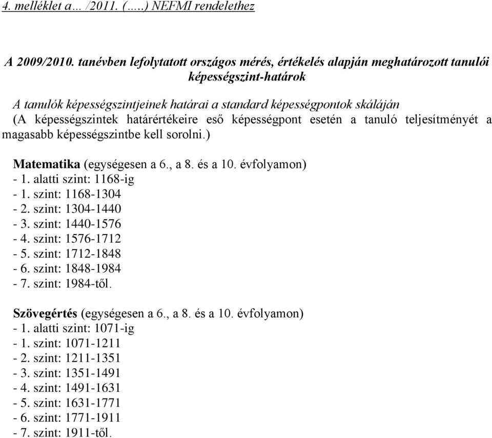 határértékeire eső képességpont esetén a tanuló teljesítményét a magasabb képességszintbe kell sorolni.) Matematika (egységesen a 6., a 8. és a 10. évfolyamon) - 1. alatti szint: 1168-ig - 1.