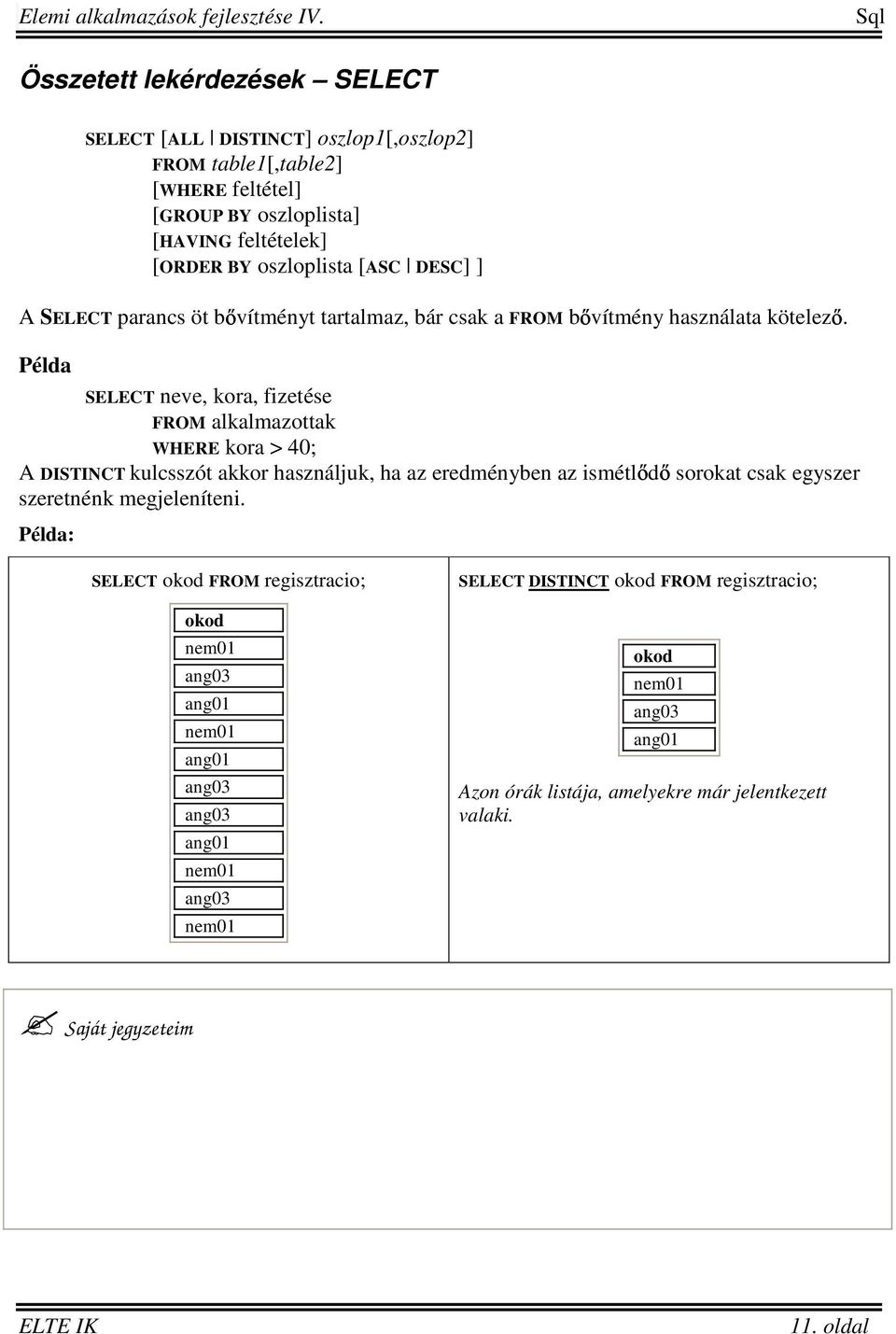 Példa SELECT neve, kora, fizetése FROM alkalmazottak WHERE kora > 40; A DISTINCT kulcsszót akkor használjuk, ha az eredményben az ismétl d sorokat csak egyszer szeretnénk