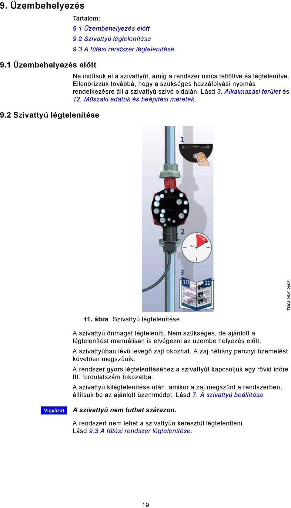 Alkalmazási terület és 12. Műszaki adatok és beépítési méretek. TM04 2530 2608 11. ábra Szivattyú légtelenítése A szivattyú önmagát légteleníti.