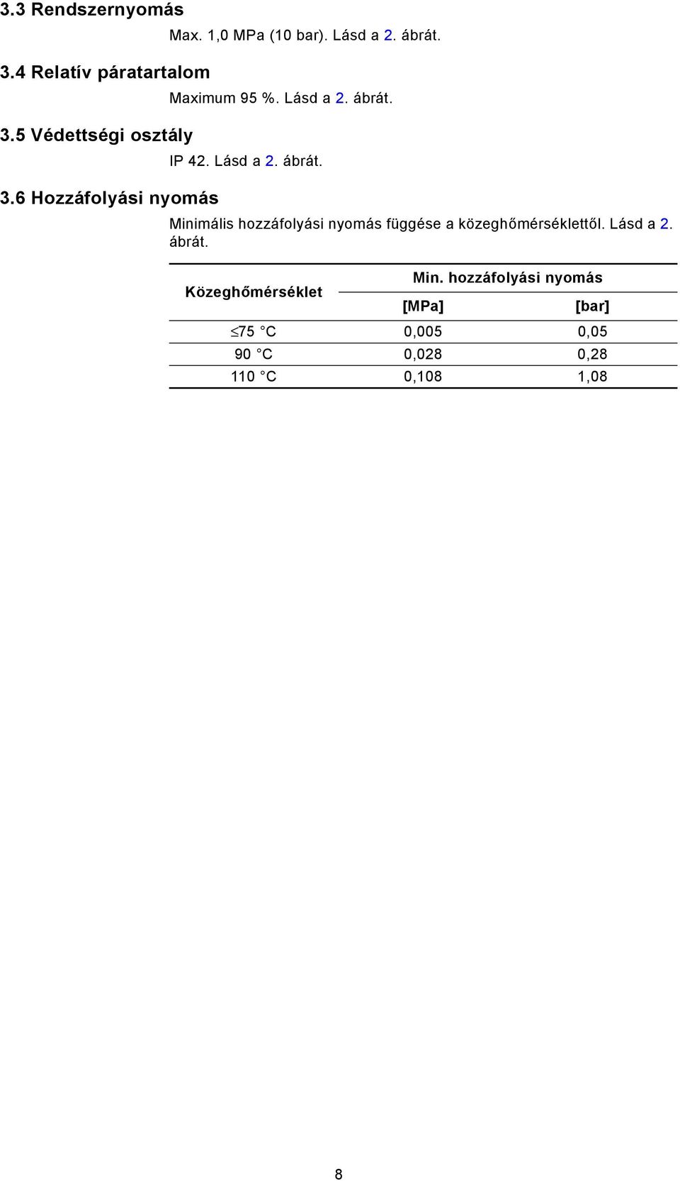 Lásd a 2. ábrát. Minimális hozzáfolyási nyomás függése a közeghőmérséklettől. Lásd a 2.