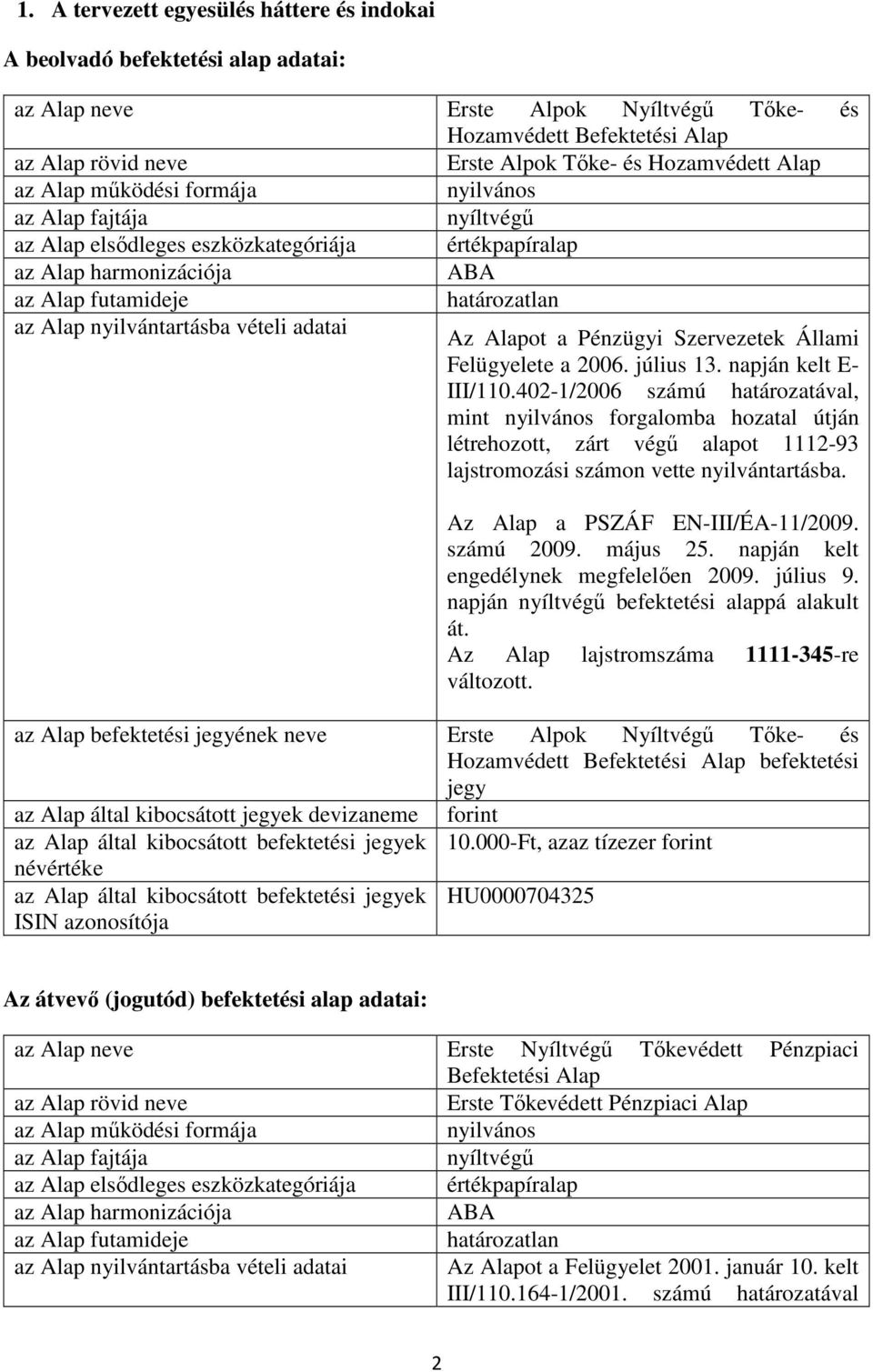 nyilvántartásba vételi adatai Az Alapot a Pénzügyi Szervezetek Állami Felügyelete a 2006. július 13. napján kelt E- III/110.