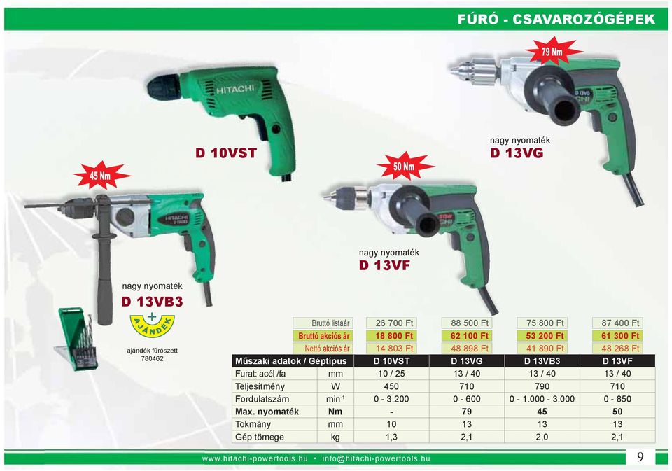 adatok / Géptípus D 10VST D 13VG D 13VB3 D 13VF Furat: acél /fa mm 10 / 25 13 / 40 13 / 40 13 / 40 Teljesítmény W 450 710 790 710 Fordulatszám min -1 0-3.