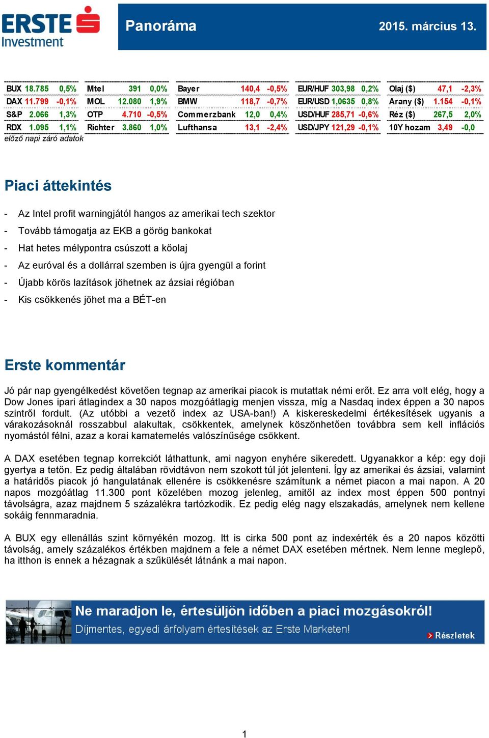 860 1,0% Lufthansa 13,1-2,4% USD/JPY 121,29-0,1% 10Y hozam 3,49-0,0 előző napi záró adatok Piaci áttekintés - Az Intel profit warningjától hangos az amerikai tech szektor - Tovább támogatja az EKB a