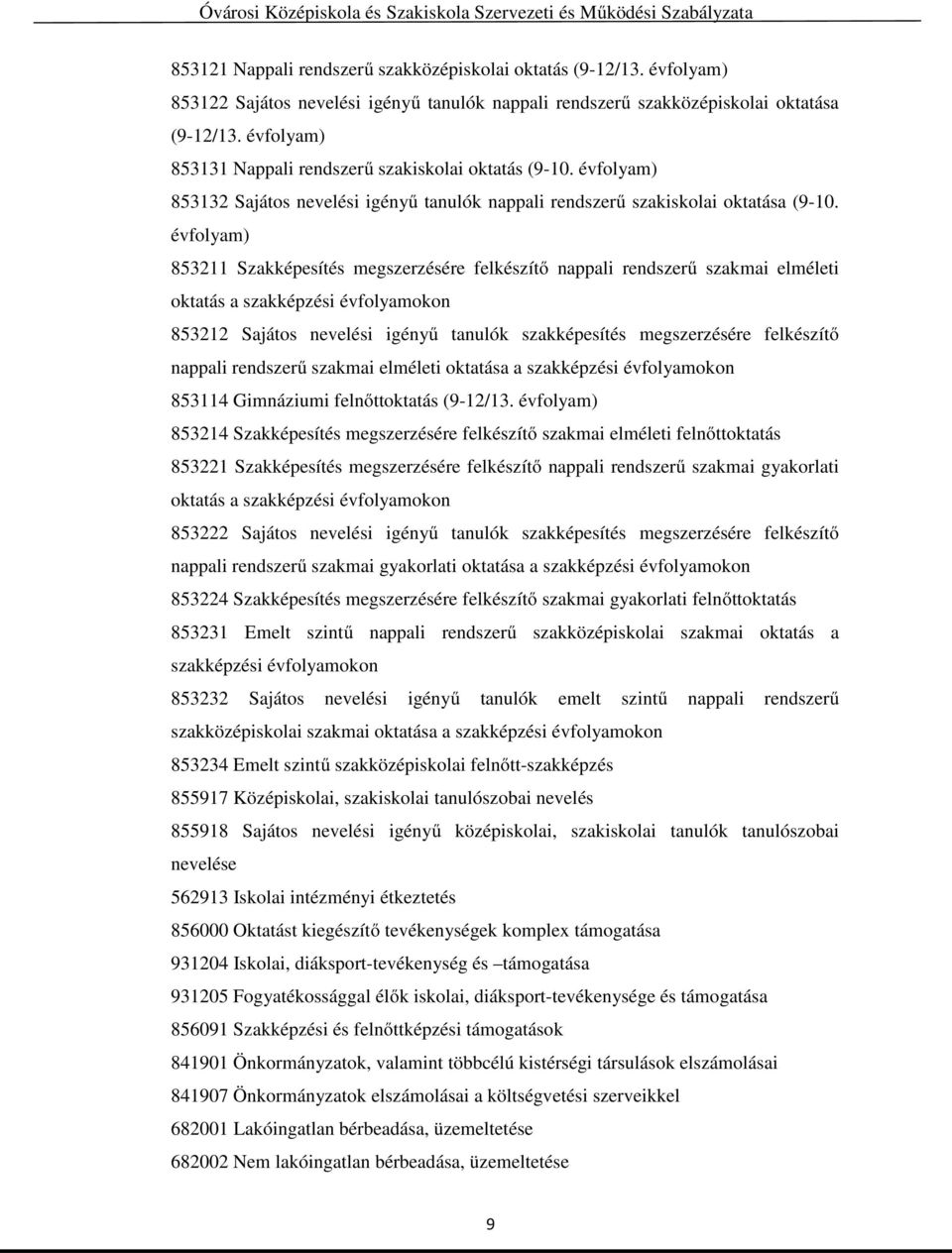évfolyam) 853211 Szakképesítés megszerzésére felkészítő nappali rendszerű szakmai elméleti oktatás a szakképzési évfolyamokon 853212 Sajátos nevelési igényű tanulók szakképesítés megszerzésére