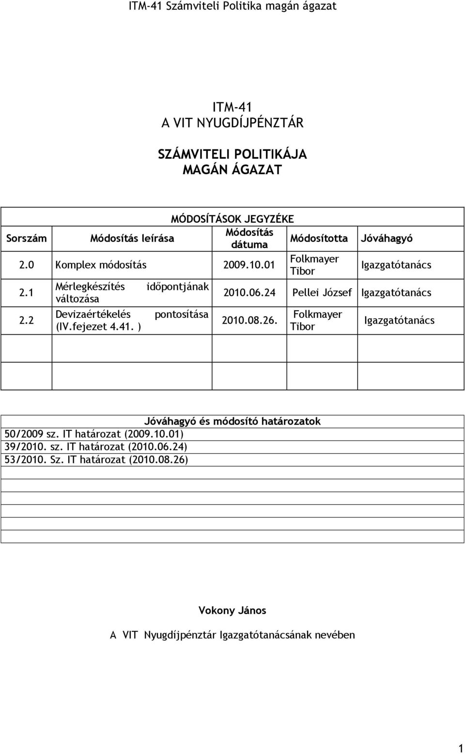 ) idıpontjának pontosítása Jóváhagyó Igazgatótanács 2010.06.24 Pellei József Igazgatótanács 2010.08.26.