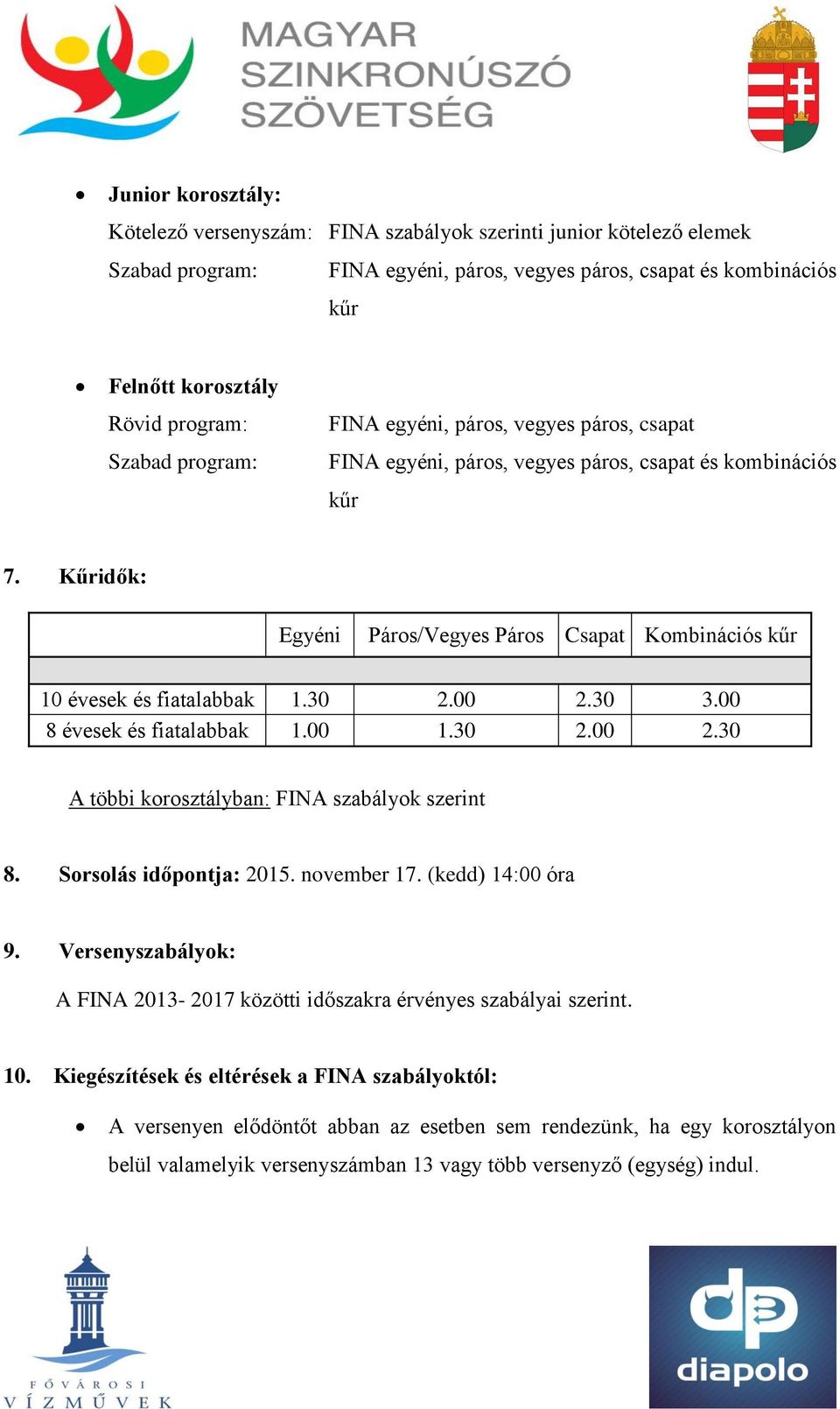Kűridők: Egyéni Páros/Vegyes Páros Csapat Kombinációs kűr 10 évesek és fiatalabbak 1.30 2.00 2.30 3.00 8 évesek és fiatalabbak 1.00 1.30 2.00 2.30 A többi korosztályban: FINA szabályok szerint 8.