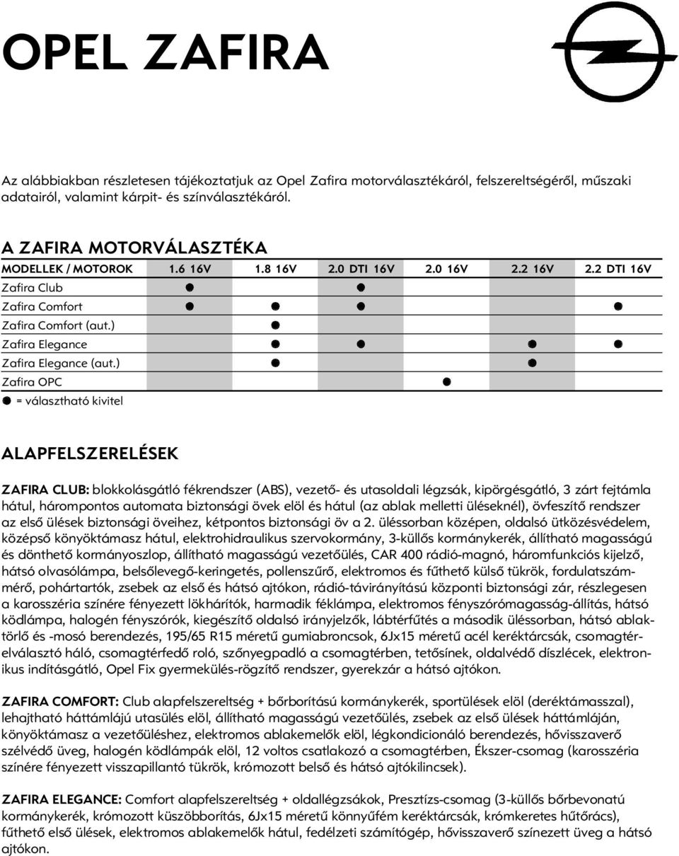 ) Zafira OPC = választható kivitel ALAPFELSZERELÉSEK ZAFIRA CLUB: blokkolásgátló fékrendszer (ABS), vezetô- és utasoldali légzsák, kipörgésgátló, 3 zárt fejtámla hátul, hárompontos automata