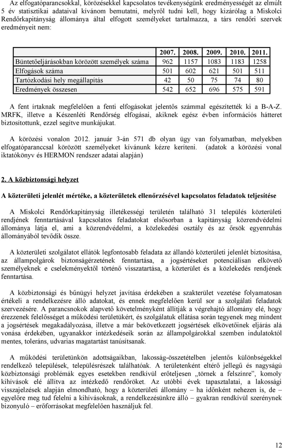 Büntetőeljárásokban körözött személyek száma 962 1157 1083 1183 1258 Elfogások száma 501 602 621 501 511 Tartózkodási hely megállapítás 42 50 75 74 80 Eredmények összesen 542 652 696 575 591 A fent