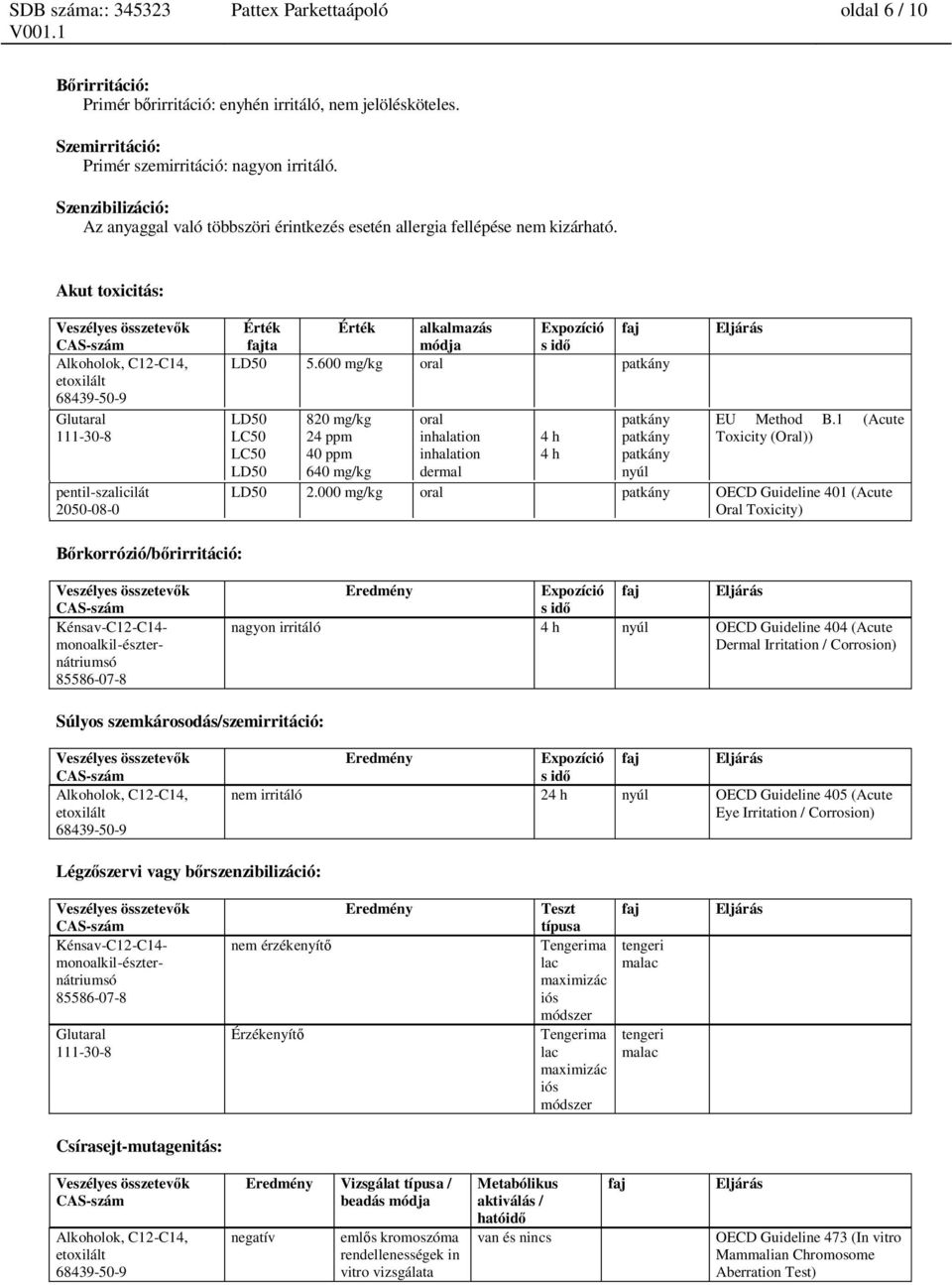Akut toxicitás: Alkoholok, C12-C14, etoxilált 2050-08-0 Érték Érték alkalmazás Expozíció faj fajta módja s id LD50 5.