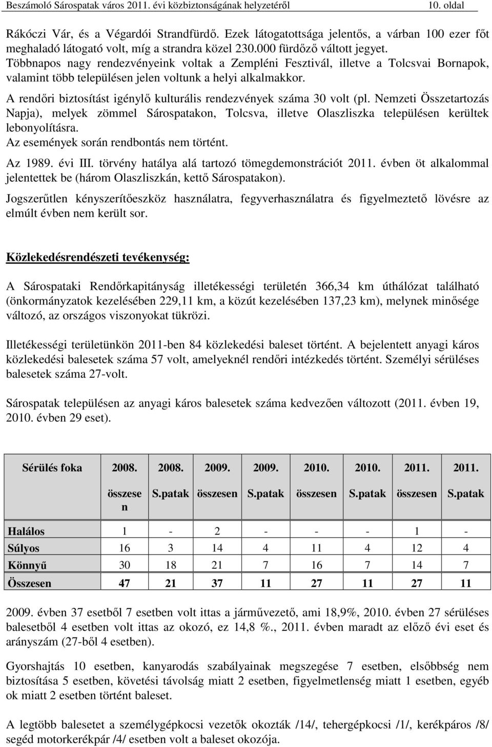 A rendőri biztosítást igénylő kulturális rendezvények száma 30 volt (pl. Nemzeti Összetartozás Napja), melyek zömmel Sárospatakon, Tolcsva, illetve Olaszliszka településen kerültek lebonyolításra.