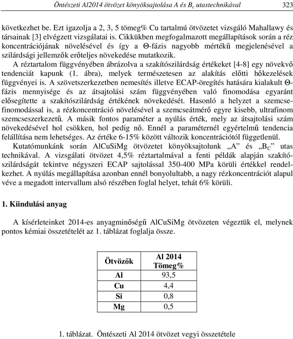 A réztartalom függvényében ábrázolva a szakítószilárdság értékeket [4-8] egy növekvő tendenciát kapunk (1. ábra), melyek természetesen az alakítás előtti hőkezelések függvényei is.