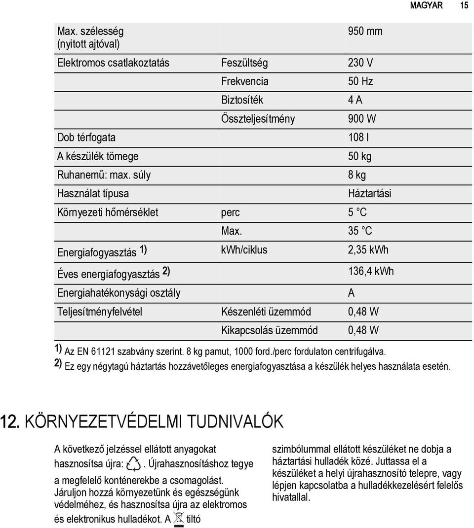 súly 8 kg Használat típusa Háztartási Környezeti hőmérséklet perc 5 C Max.