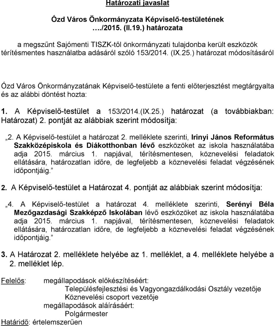 ) határozat módosításáról Ózd Város Önkormányzatának Képviselő-testülete a fenti előterjesztést megtárgyalta és az alábbi döntést hozta: 1. A Képviselő-testület a 153/2014.(IX.25.