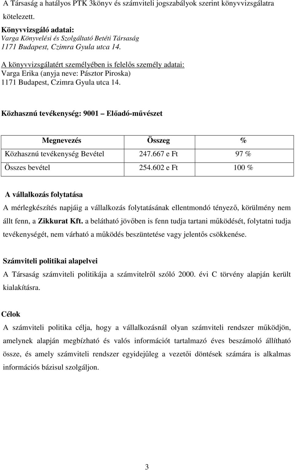 A könyvvizsgálatért személyében is felelős személy adatai: Varga Erika (anyja neve: Pásztor Piroska) 1171 Budapest, Czimra Gyula utca 14.