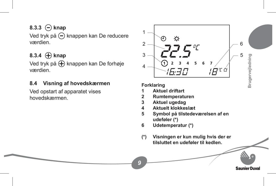 3 4 Forklaring 1 Aktuel driftart 2 Rumtemperaturen 3 Aktuel ugedag 4 Aktuelt klokkeslæt 5 Symbol på