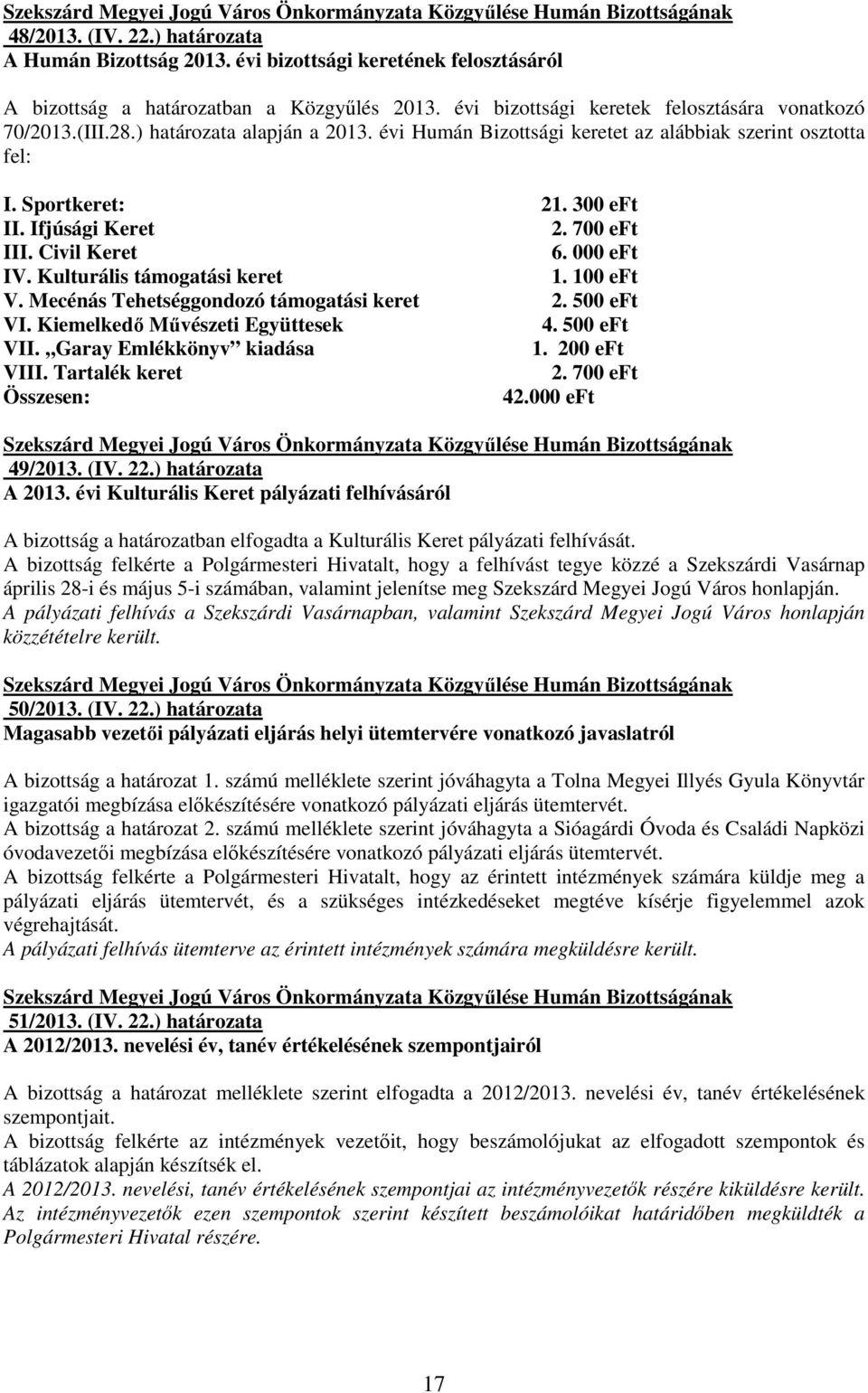 Kulturális támogatási keret 1. 100 eft V. Mecénás Tehetséggondozó támogatási keret 2. 500 eft VI. Kiemelkedı Mővészeti Együttesek 4. 500 eft VII.,,Garay Emlékkönyv kiadása 1. 200 eft VIII.