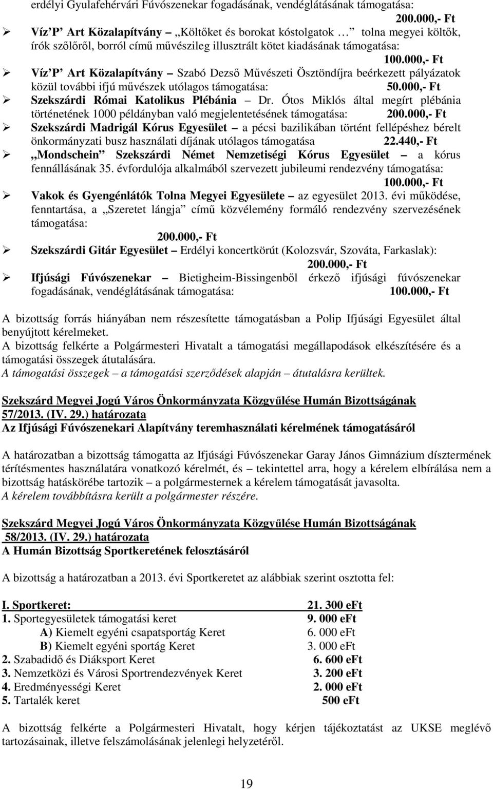000,- Ft Víz P Art Közalapítvány Szabó Dezsı Mővészeti Ösztöndíjra beérkezett pályázatok közül további ifjú mővészek utólagos támogatása: 50.000,- Ft Szekszárdi Római Katolikus Plébánia Dr.
