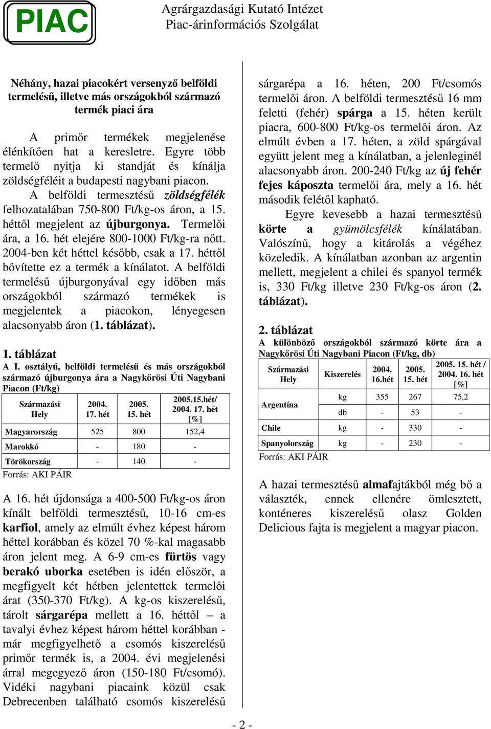 Termeli ára, a 16. hét elejére 800-1000 -ra ntt. 2004-ben két héttel késbb, csak a 17. héttl bvítette ez a termék a kínálatot.