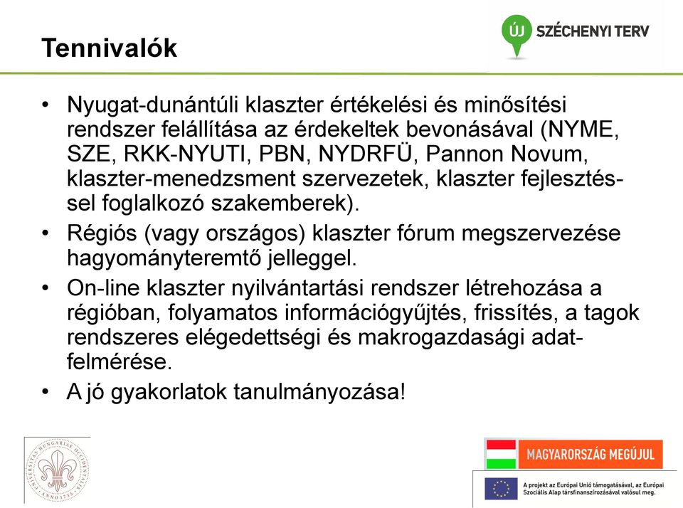Régiós (vagy országos) klaszter fórum megszervezése hagyományteremtő jelleggel.