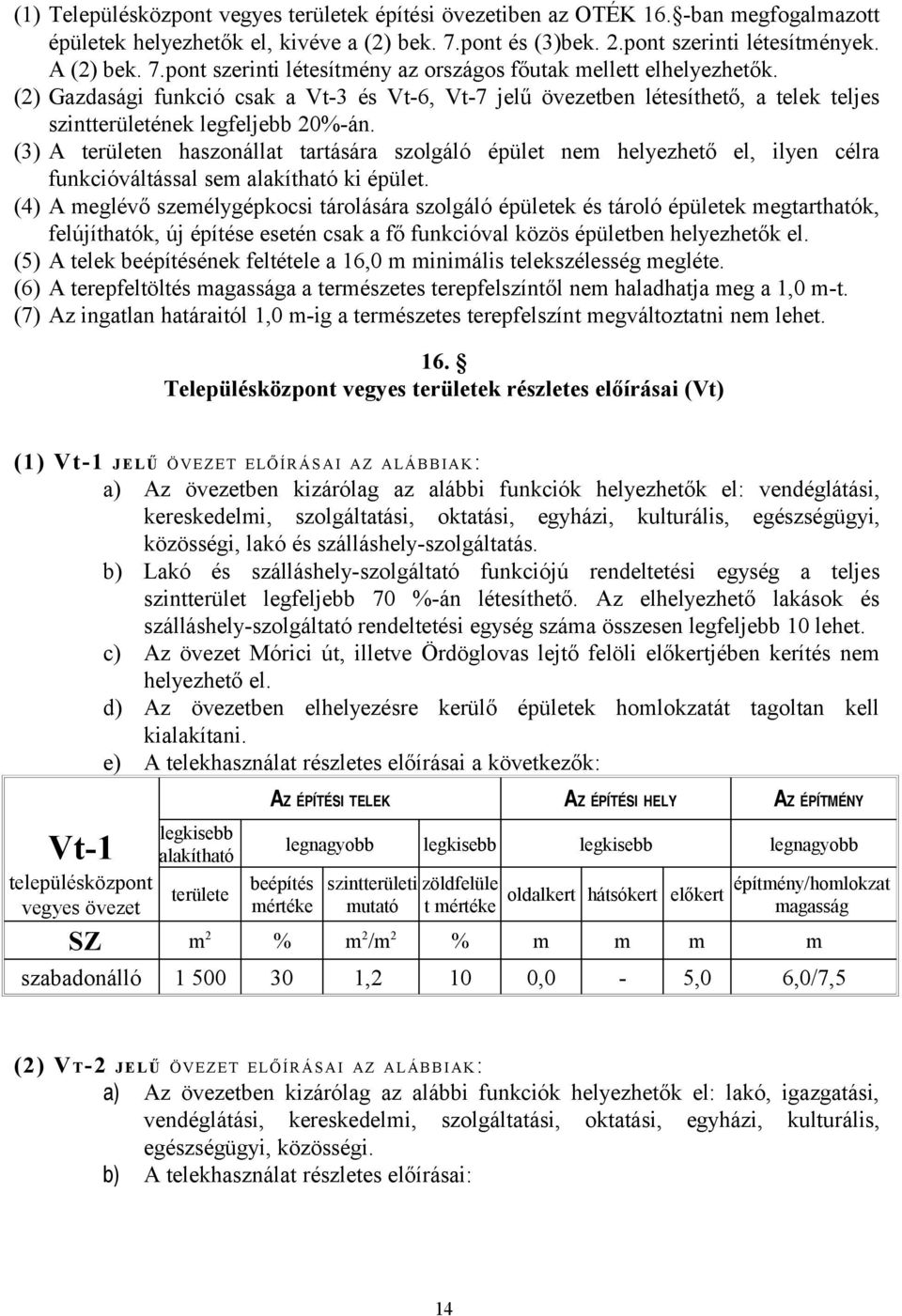 (2) Gazdasági funkció csak a Vt-3 és Vt-6, Vt-7 jelű övezetben létesíthető, a telek teljes szintterületének legfeljebb 20%-án.