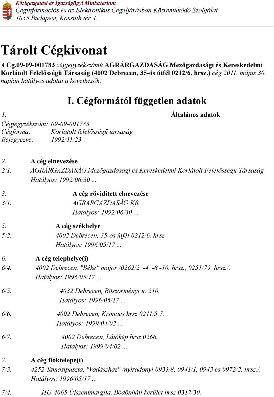 napján hatályos adatai a következők: I. Cégformától független adatok 1. Általános adatok 09-09-001783 Cégforma: Korlátolt felelősségű társaság Bejegyezve: 1992/11/23 2. A cég elnevezése 2/1.