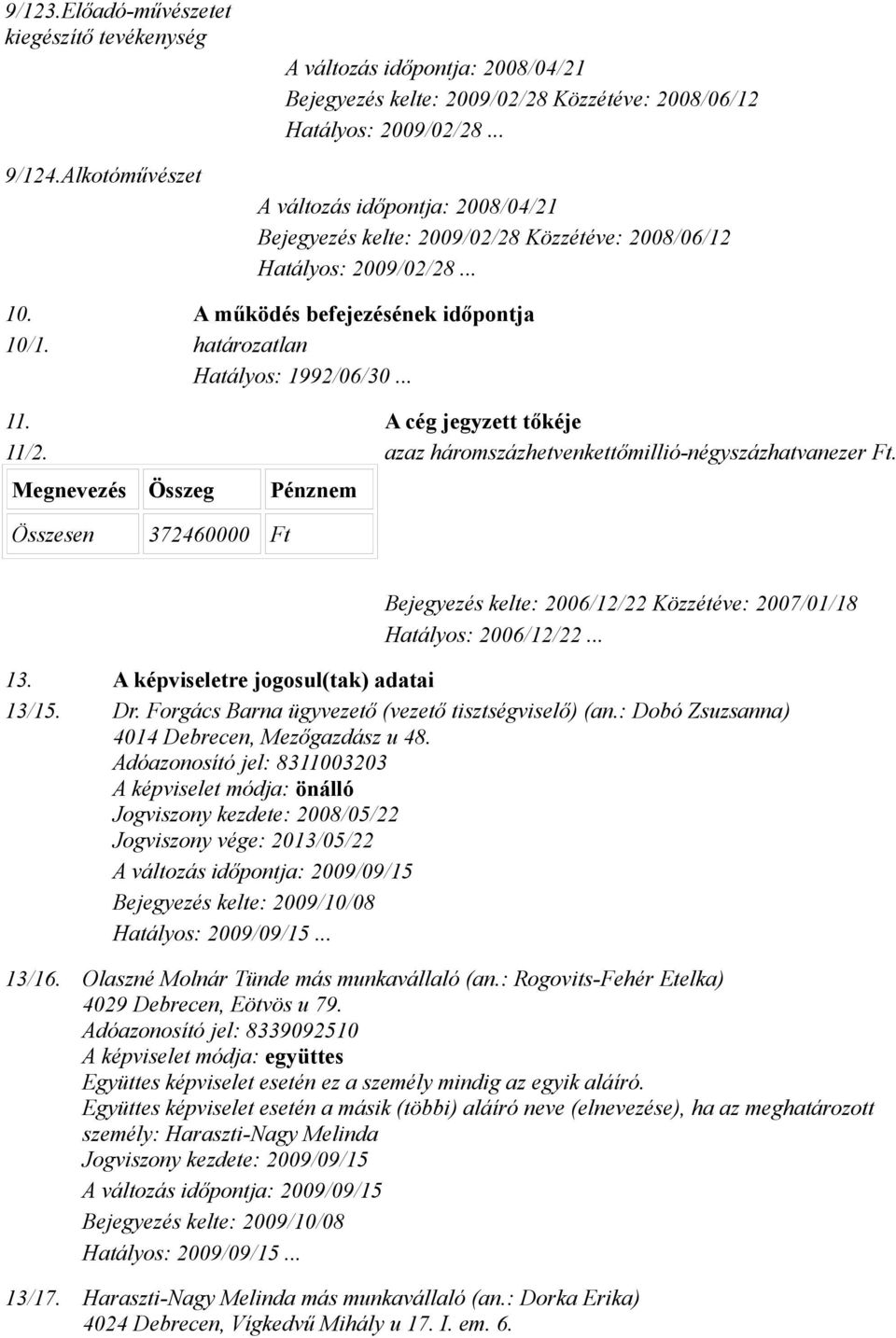 A képviseletre jogosul(tak) adatai 13/15. Dr. Forgács Barna ügyvezető (vezető tisztségviselő) (an.: Dobó Zsuzsanna) 4014 Debrecen, Mezőgazdász u 48.