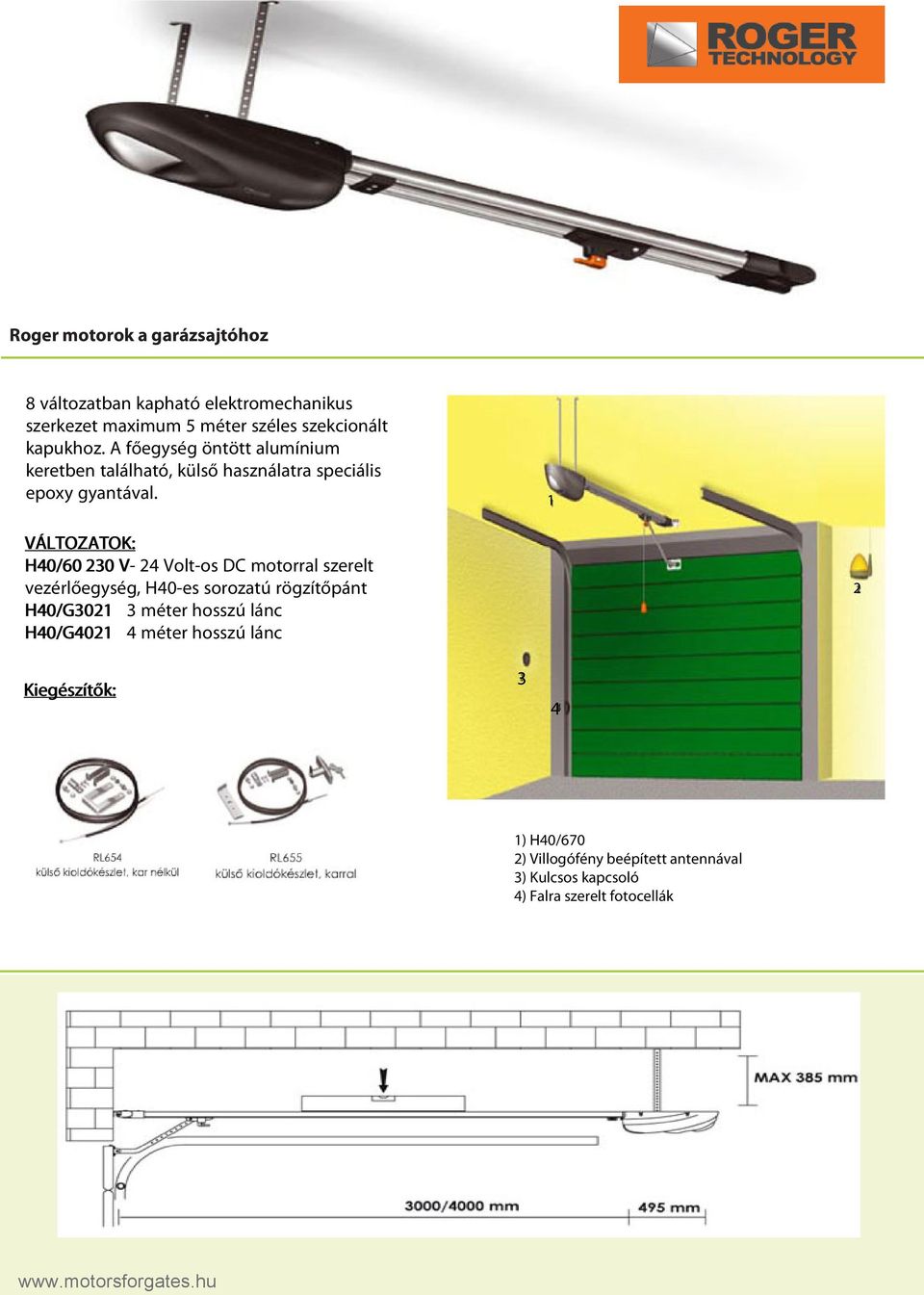 1 VÁLTOZATOK: H40/60 230 V- 24 Volt-os DC motorral szerelt vezérlőegység, H40-es sorozatú rögzítőpánt H40/G3021 3 méter