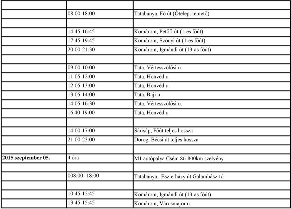 14:05-16:30 Tata, Vértesszőlősi u. 16.40-19:00 Tata, Honvéd u. 14:00-17:00 Sárisáp, Főút teljes hossza 21:00-23:00 Dorog, Bécsi út teljes hossza 2015.