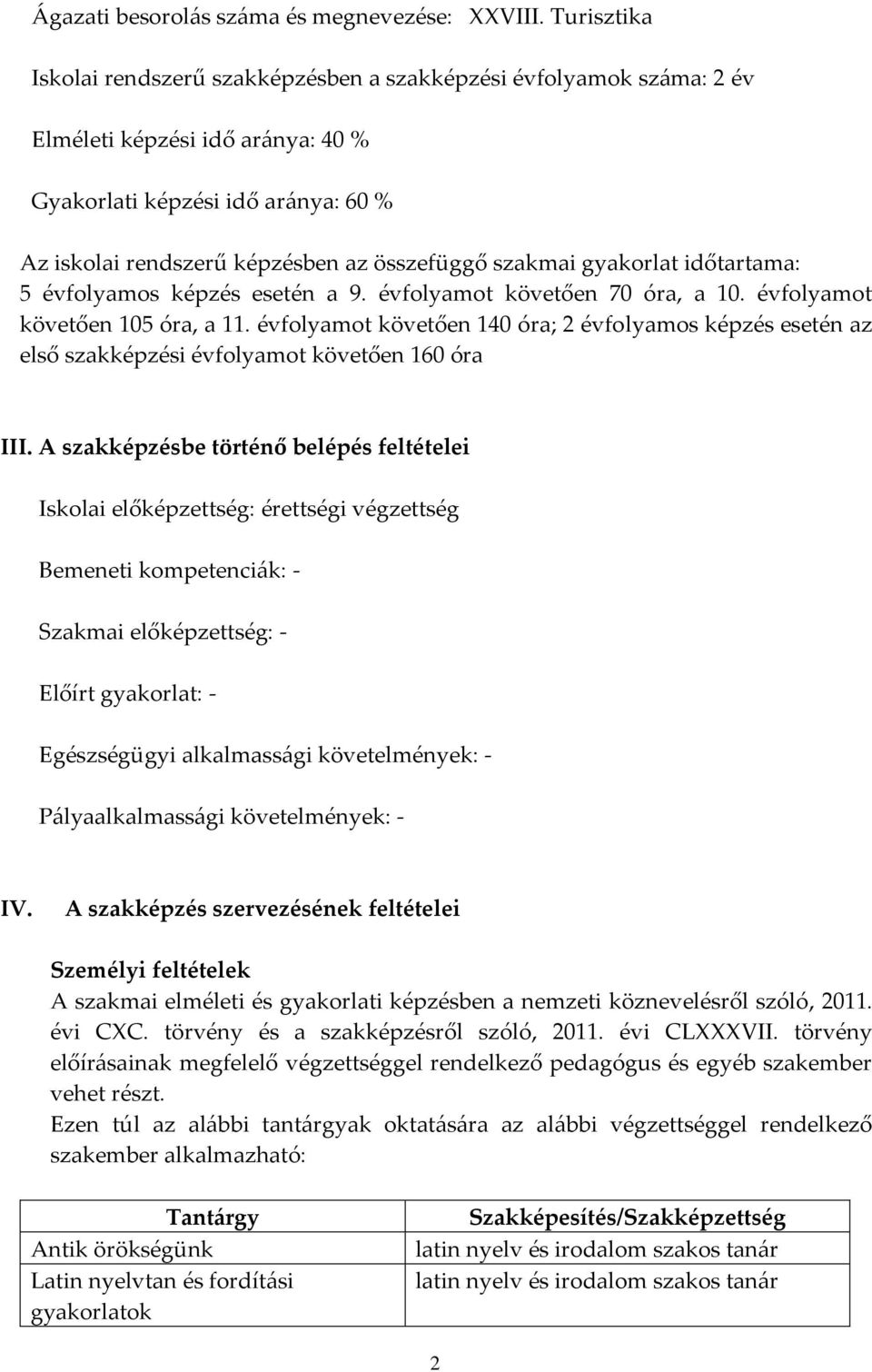 szakmai gyakorlat időtartama: 5 évfolyamos képzés esetén a 9. évfolyamot követően 70 óra, a 10. évfolyamot követően 105 óra, a 11.