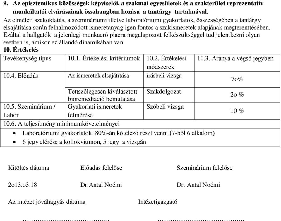 megteremtésében. Ezáltal a hallgatók a jelenlegi munkaerő piacra megalapozott felkészültséggel tud jelentkezni olyan esetben is, amikor ez állandó dinamikában van. 10. Értékelés Tevékenység típus 10.