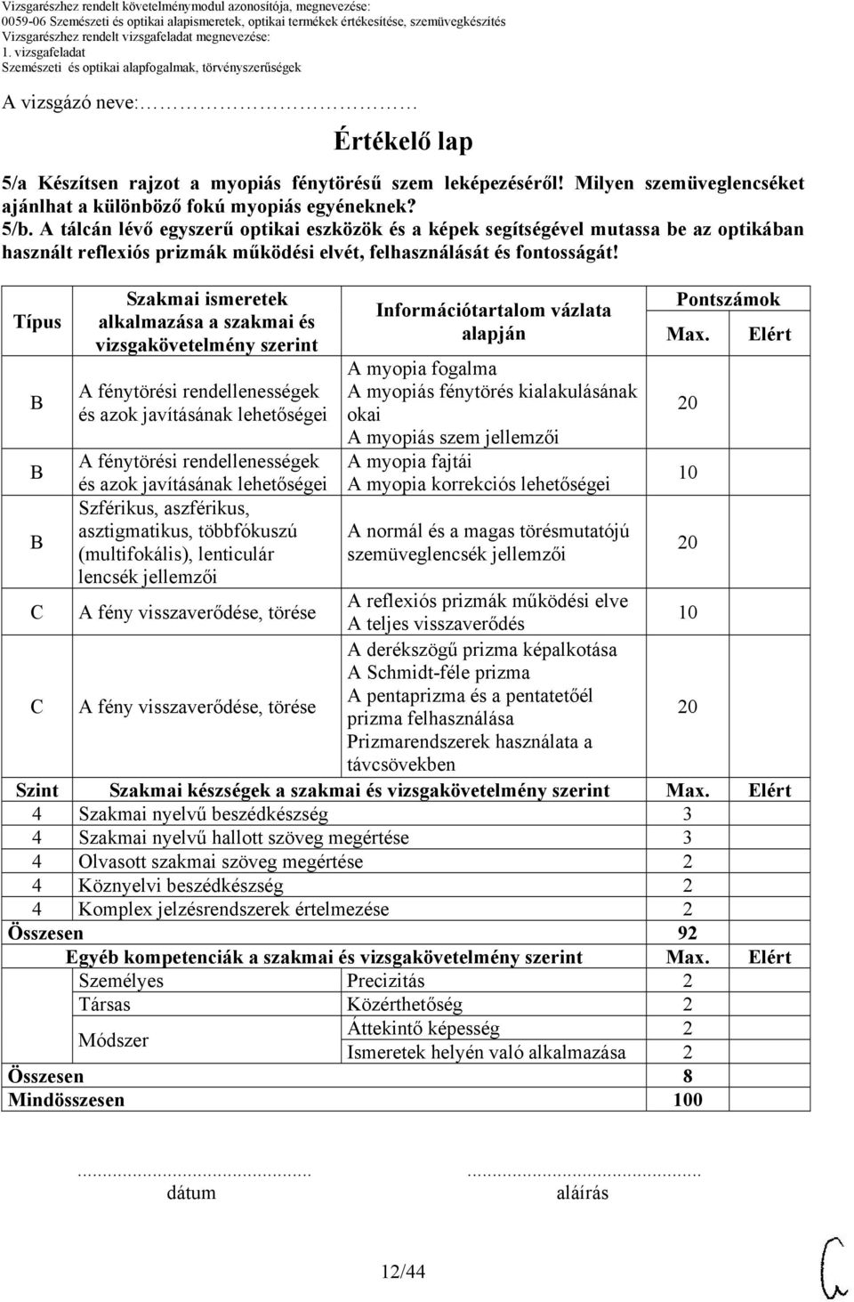 Típus Szakmai ismeretek alkalmazása a szakmai és vizsgakövetelmény szerint A fénytörési rendellenességek és azok javításának lehetőségei A fénytörési rendellenességek és azok javításának lehetőségei